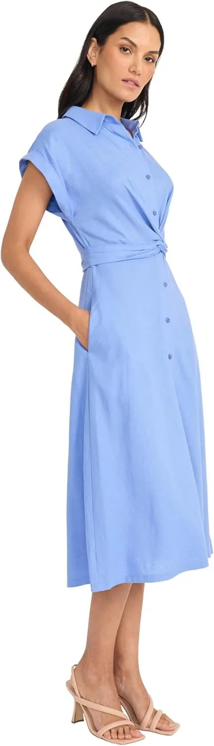 Maggy London Women's Button Down Midi Length Shirt Pockets and Belt-Twist Front Detail-a Line Work Dress
