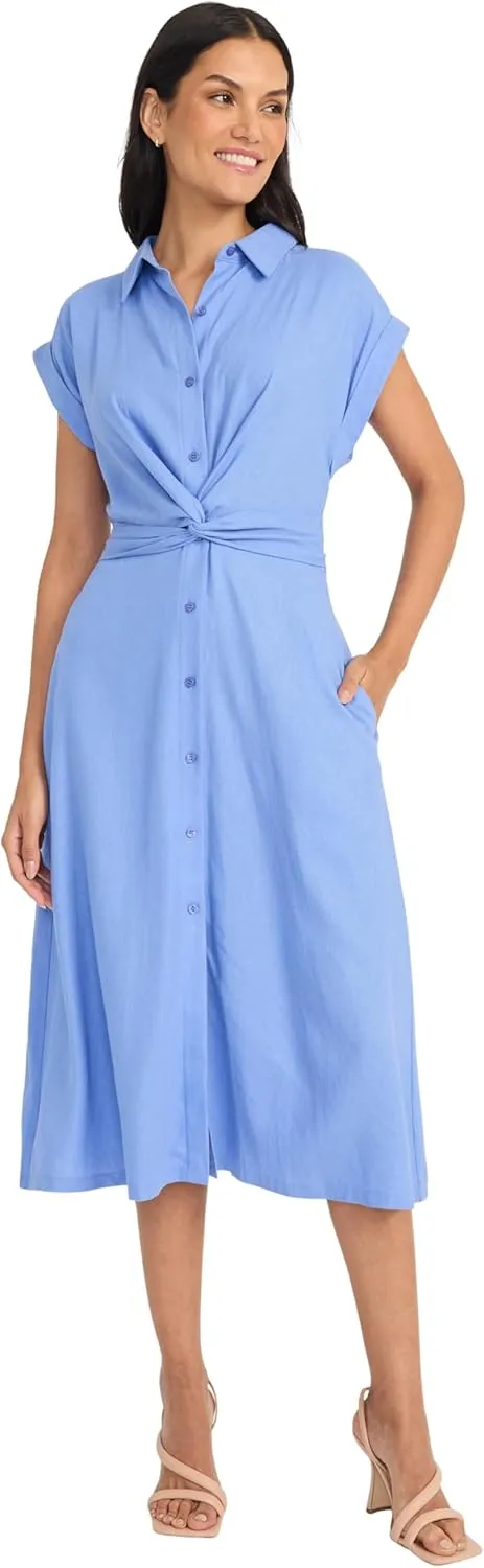 Maggy London Women's Button Down Midi Length Shirt Pockets and Belt-Twist Front Detail-a Line Work Dress