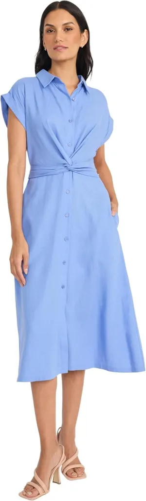 Maggy London Women's Button Down Midi Length Shirt Pockets and Belt-Twist Front Detail-a Line Work Dress