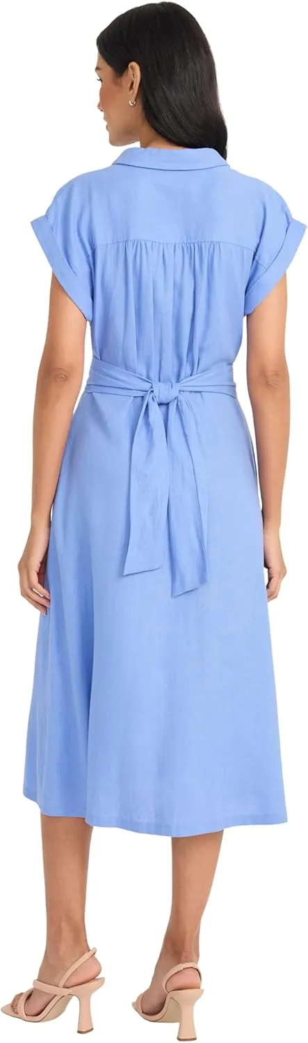 Maggy London Women's Button Down Midi Length Shirt Pockets and Belt-Twist Front Detail-a Line Work Dress