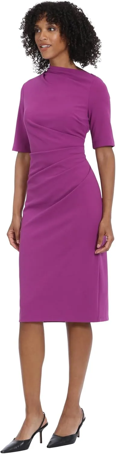 Maggy London Women's Side Pleat Dress with Asymmetric Neck and Elbow Sleeves