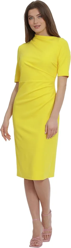 Maggy London Women's Side Pleat Dress with Asymmetric Neck and Elbow Sleeves