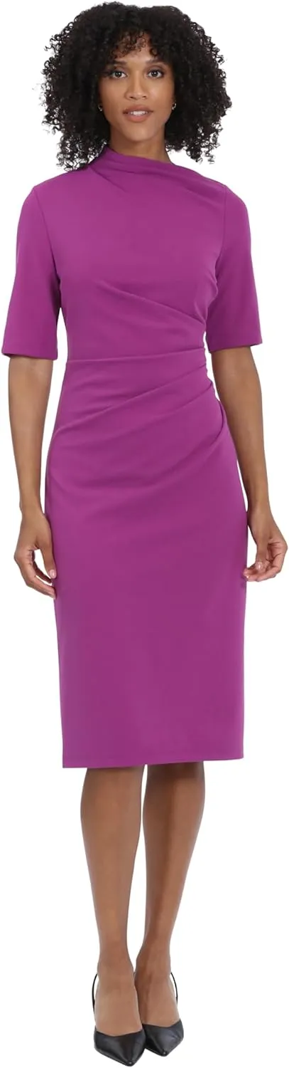 Maggy London Women's Side Pleat Dress with Asymmetric Neck and Elbow Sleeves