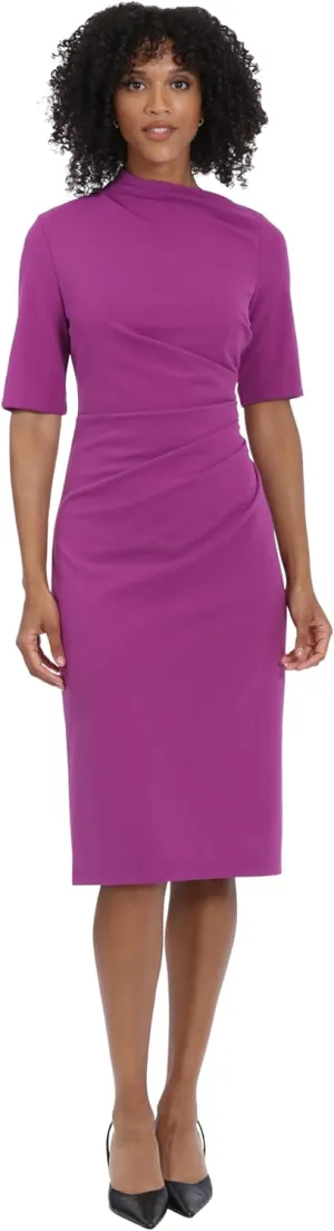 Maggy London Women's Side Pleat Dress with Asymmetric Neck and Elbow Sleeves