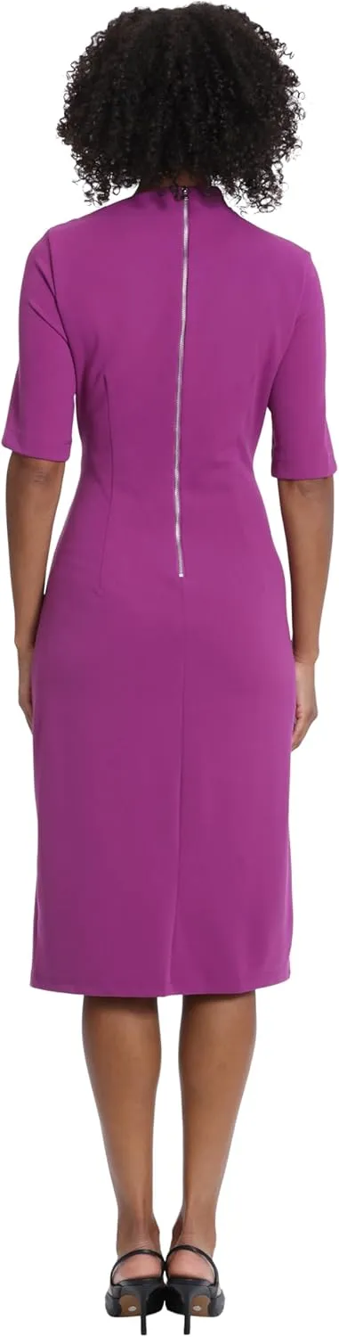 Maggy London Women's Side Pleat Dress with Asymmetric Neck and Elbow Sleeves
