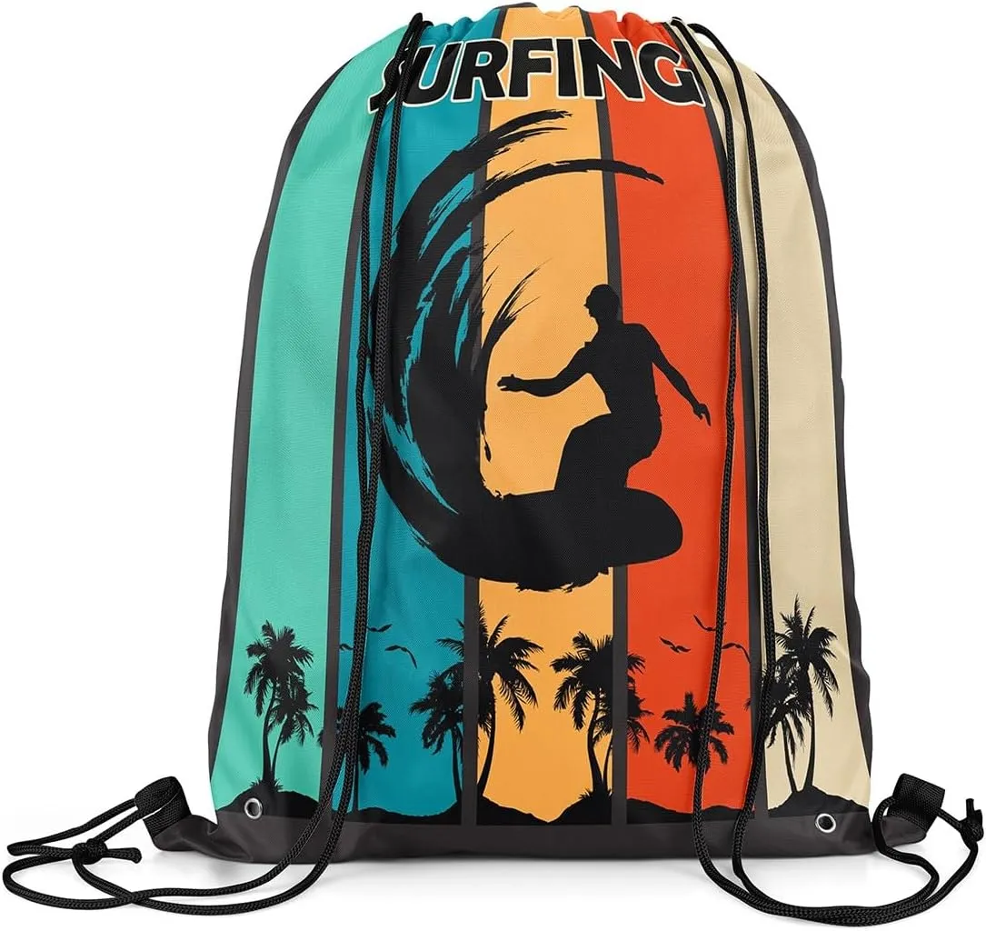 Manfei Summer Surfing Drawstring Backpack,Beach Surfboard Tropical Coconut Palm Trees Drawstring Bag