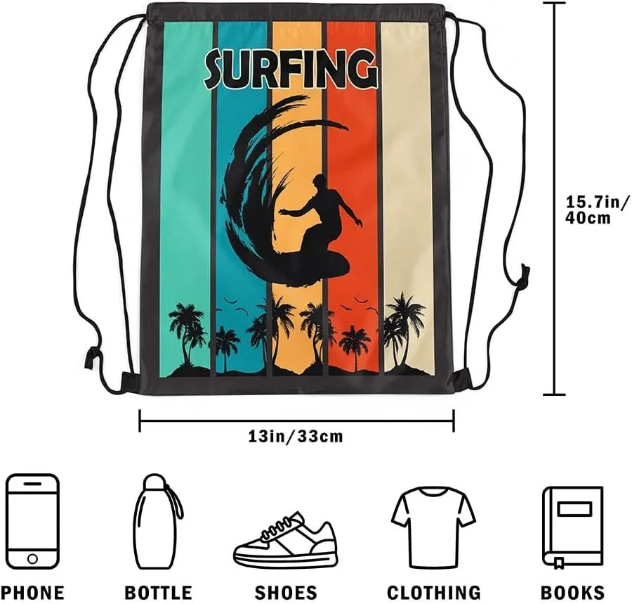 Manfei Summer Surfing Drawstring Backpack,Beach Surfboard Tropical Coconut Palm Trees Drawstring Bag