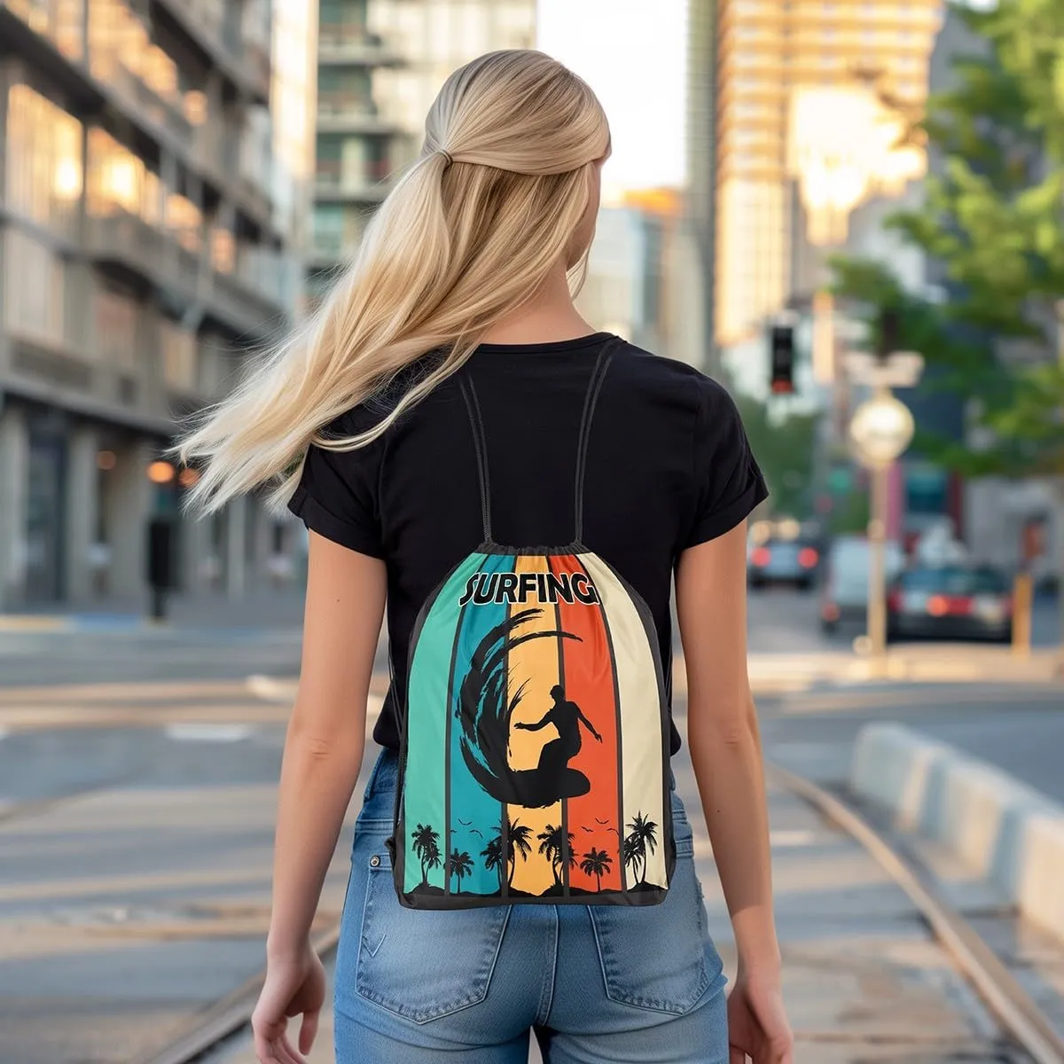 Manfei Summer Surfing Drawstring Backpack,Beach Surfboard Tropical Coconut Palm Trees Drawstring Bag