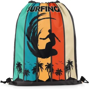 Manfei Summer Surfing Drawstring Backpack,Beach Surfboard Tropical Coconut Palm Trees Drawstring Bag