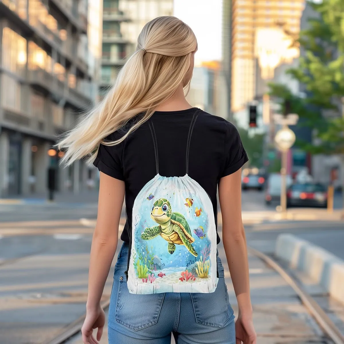 Manfei Summer Surfing Drawstring Backpack,Beach Surfboard Tropical Coconut Palm Trees Drawstring Bag