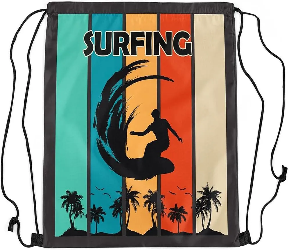 Manfei Summer Surfing Drawstring Backpack,Beach Surfboard Tropical Coconut Palm Trees Drawstring Bag
