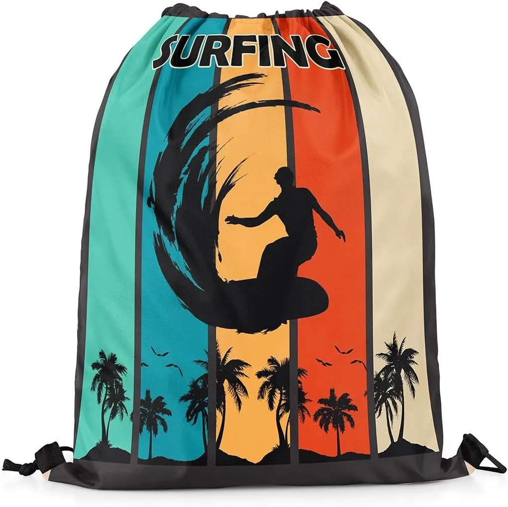 Manfei Summer Surfing Drawstring Backpack,Beach Surfboard Tropical Coconut Palm Trees Drawstring Bag