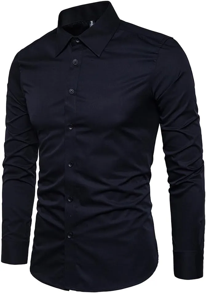 Manwan walk Men's Slim Fit Business Casual Cotton Long Sleeves Solid Button Down Dress Shirts