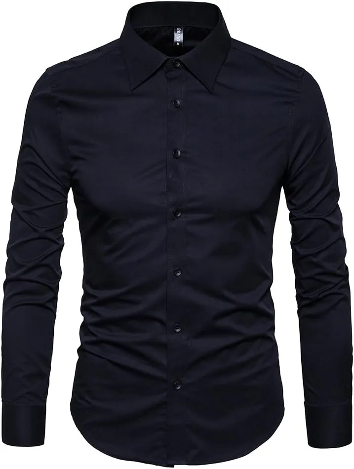 Manwan walk Men's Slim Fit Business Casual Cotton Long Sleeves Solid Button Down Dress Shirts