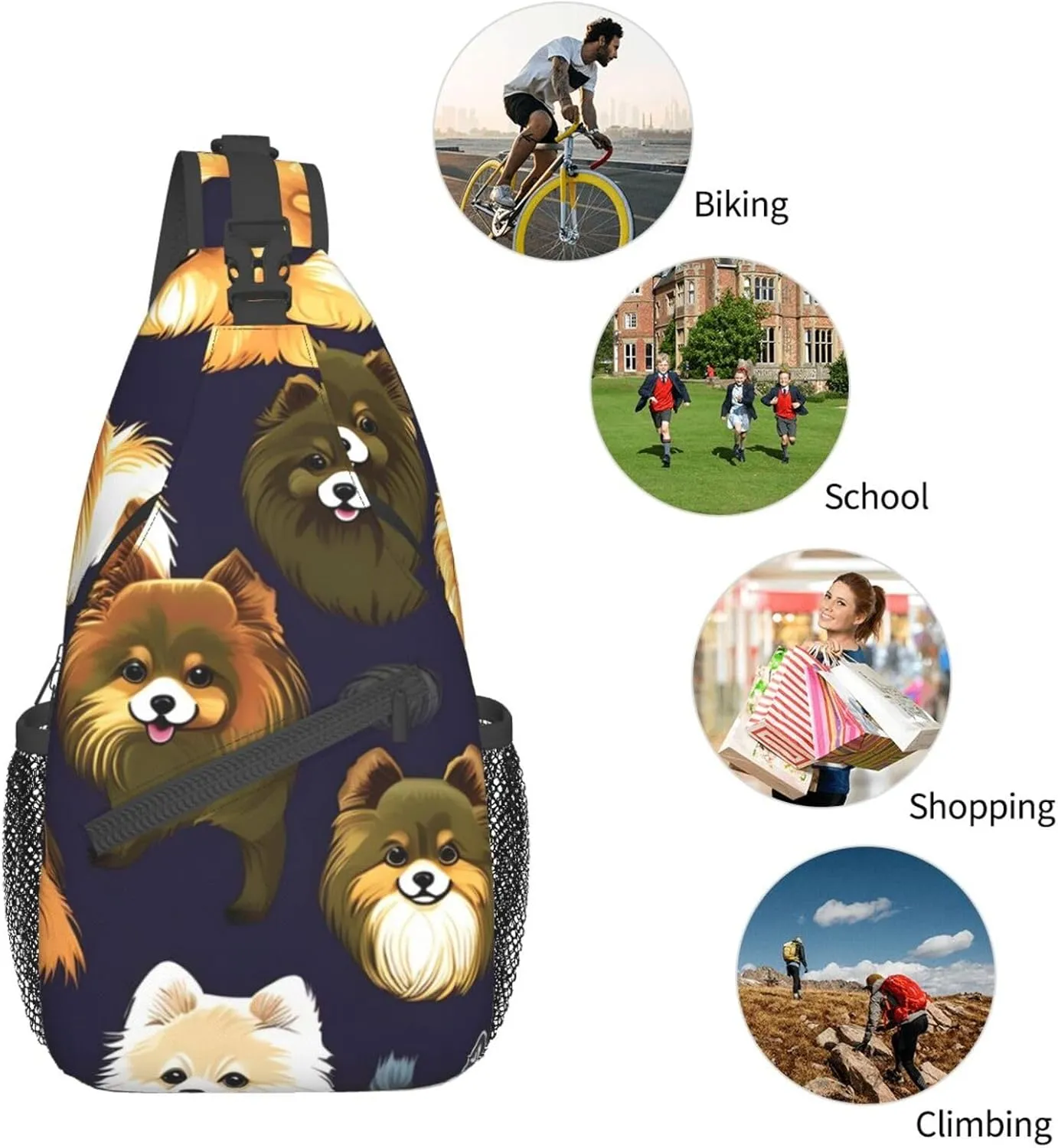Many Pomeranians Pattern Unisex Casual Diagonal Chest Bag,Multipurpose Crossbody Shoulder Bag Travel Hiking Daypack