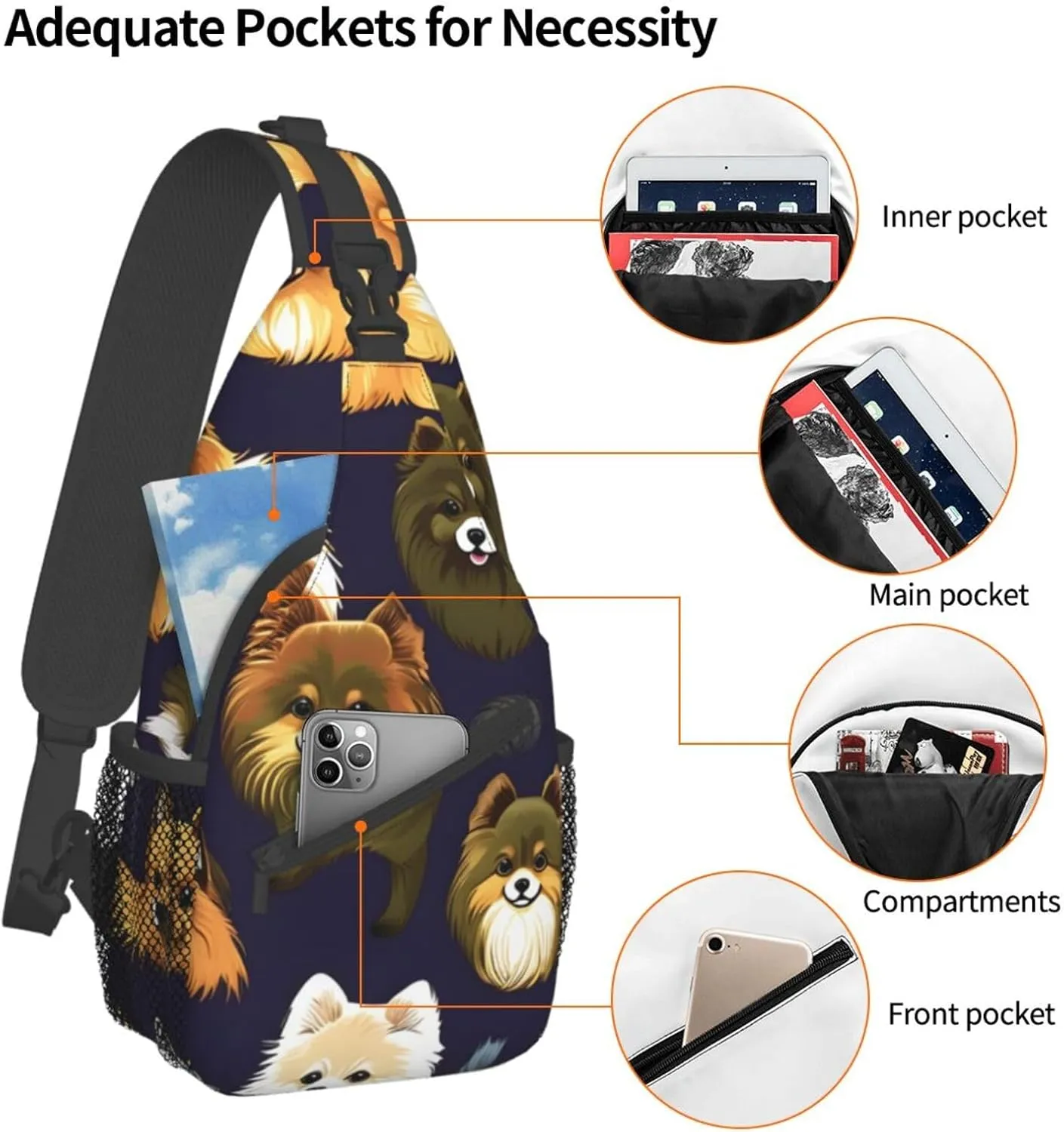 Many Pomeranians Pattern Unisex Casual Diagonal Chest Bag,Multipurpose Crossbody Shoulder Bag Travel Hiking Daypack