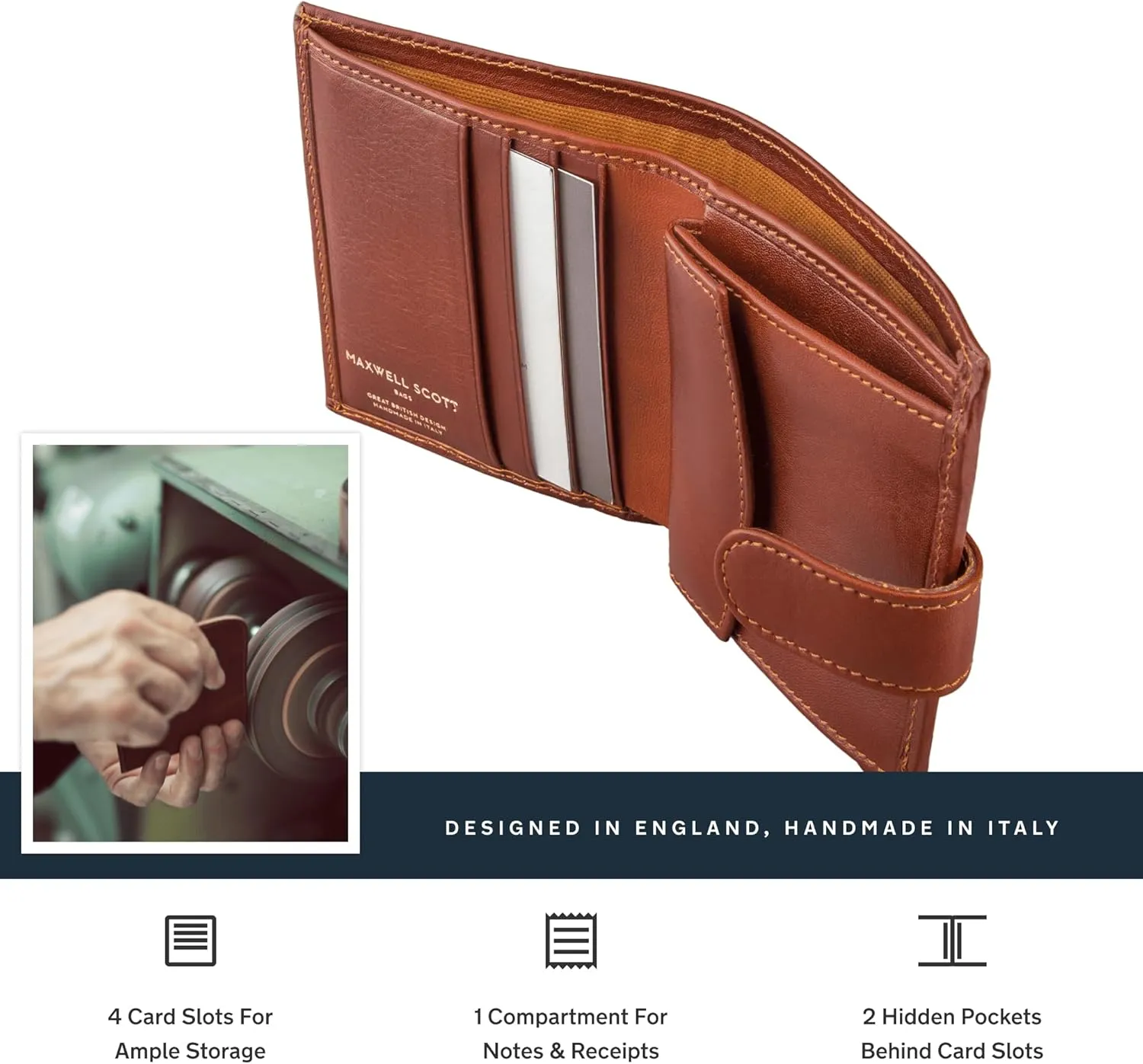 Maxwell Scott - Mens Compact Luxury Leather Mens Small Wallet with Button Fastener - Made in Italy - The Pietre Chestnut Tan
