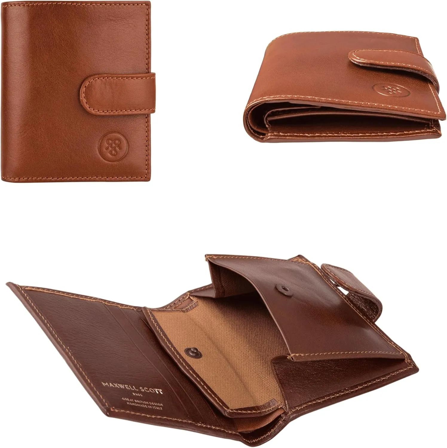 Maxwell Scott - Mens Compact Luxury Leather Mens Small Wallet with Button Fastener - Made in Italy - The Pietre Chestnut Tan
