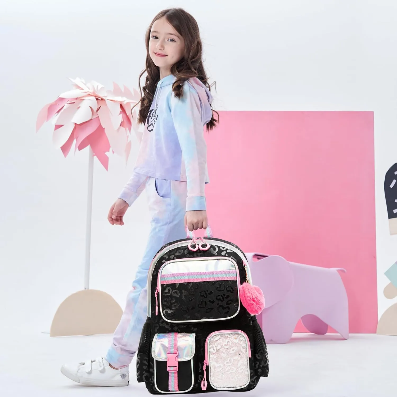Meetbelify Aesthetic Backpack for Girls with Lunch Box - Elementary to Teen, Cute Bookbag for Kids 8-10