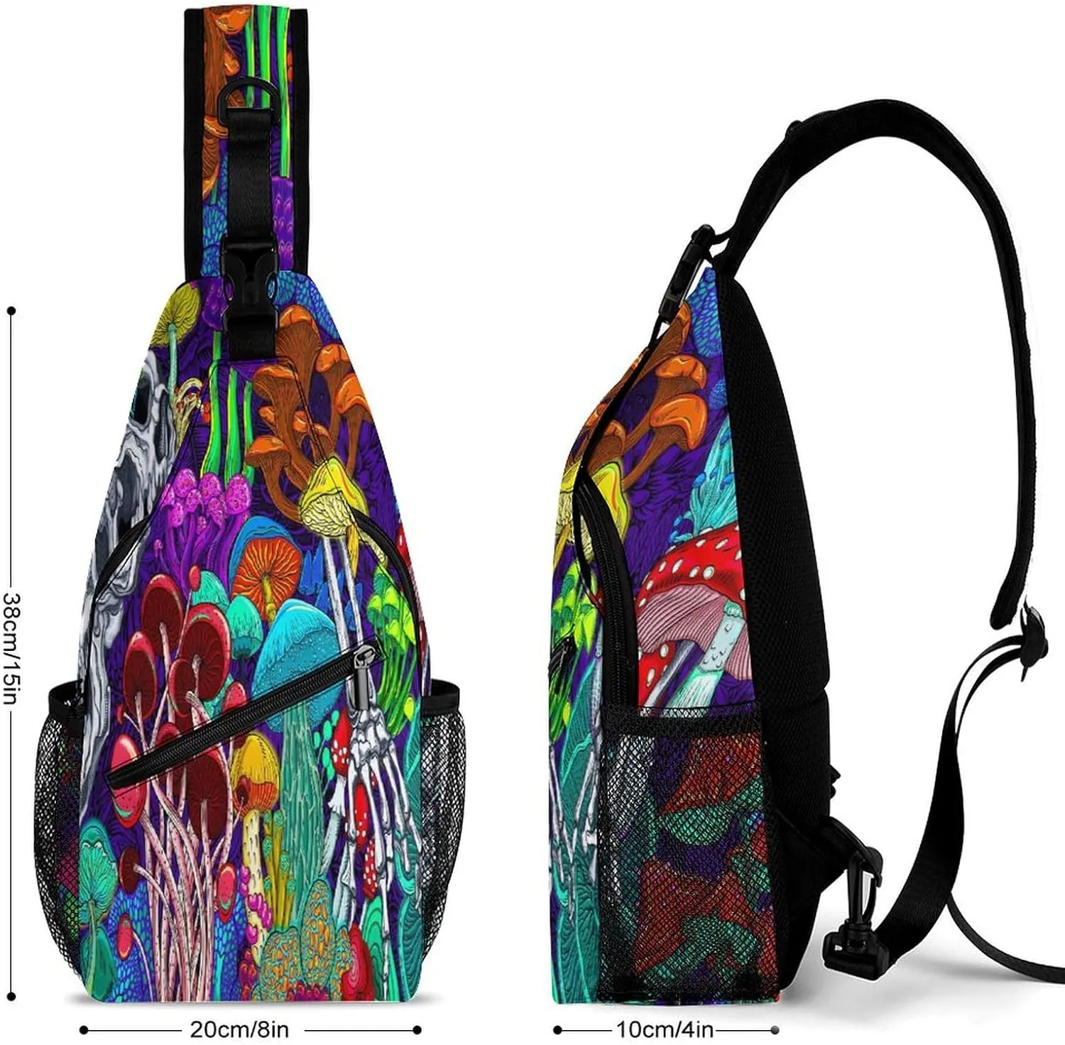 Men & Women Gym Crossbody Sack Satchel Outdoor Hiking Bag, for Hippie Colorful Skull Trippy Neon Magic Mushrooms Sling Bag Backpack Backpacking for Travel Hiking - Small Tool Backpak