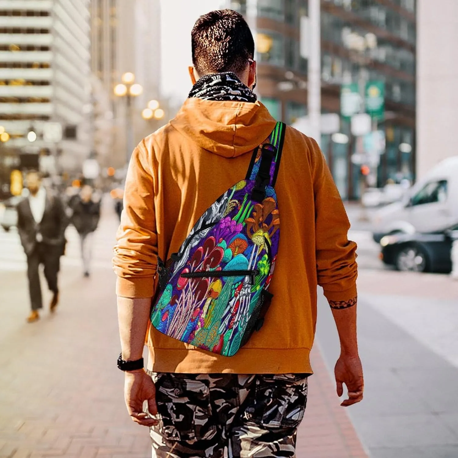 Men & Women Gym Crossbody Sack Satchel Outdoor Hiking Bag, for Hippie Colorful Skull Trippy Neon Magic Mushrooms Sling Bag Backpack Backpacking for Travel Hiking - Small Tool Backpak