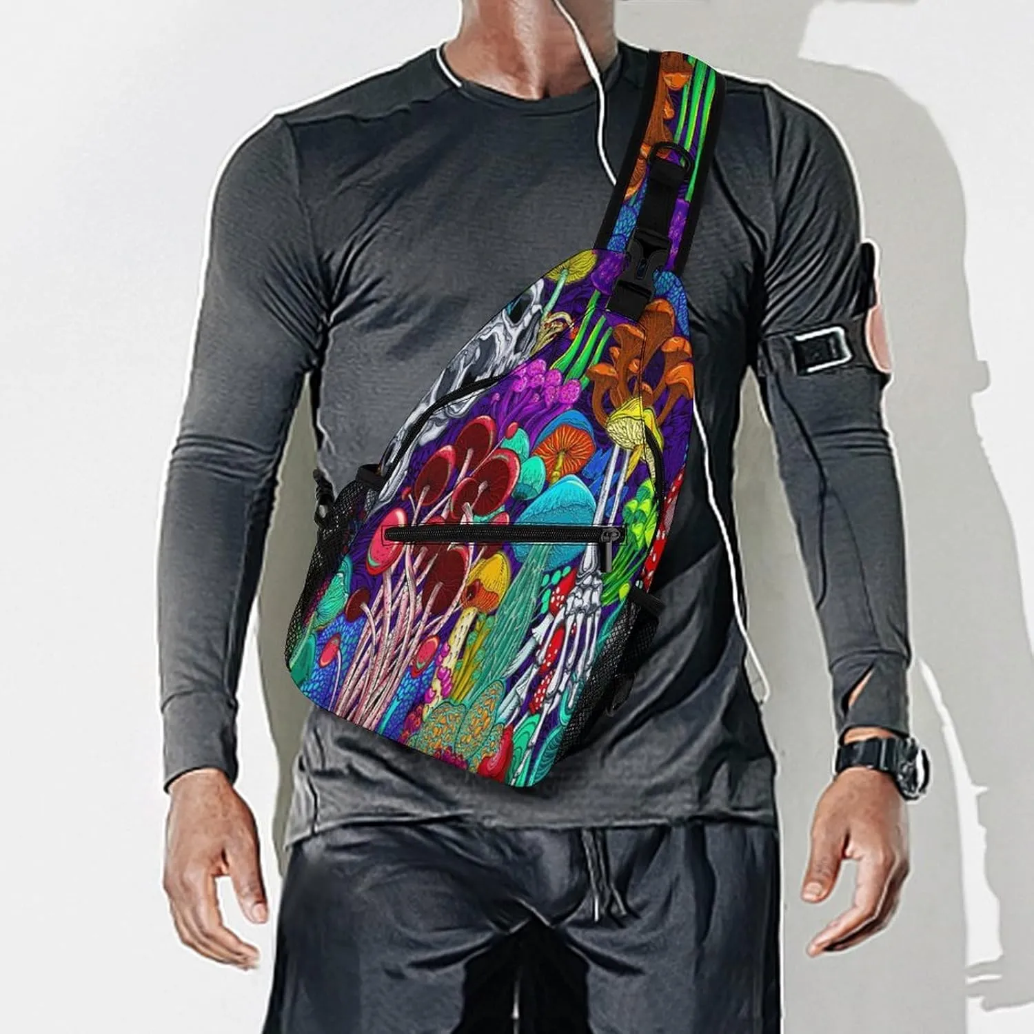 Men & Women Gym Crossbody Sack Satchel Outdoor Hiking Bag, for Hippie Colorful Skull Trippy Neon Magic Mushrooms Sling Bag Backpack Backpacking for Travel Hiking - Small Tool Backpak