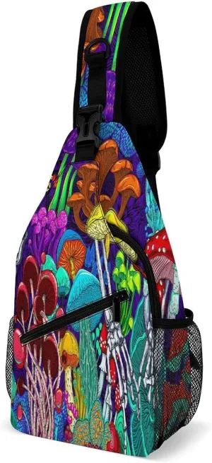 Men & Women Gym Crossbody Sack Satchel Outdoor Hiking Bag, for Hippie Colorful Skull Trippy Neon Magic Mushrooms Sling Bag Backpack Backpacking for Travel Hiking - Small Tool Backpak