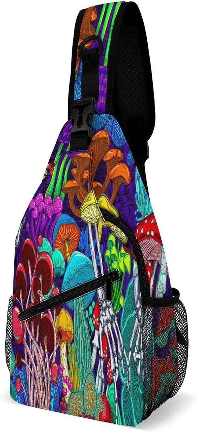 Men & Women Gym Crossbody Sack Satchel Outdoor Hiking Bag, for Hippie Colorful Skull Trippy Neon Magic Mushrooms Sling Bag Backpack Backpacking for Travel Hiking - Small Tool Backpak