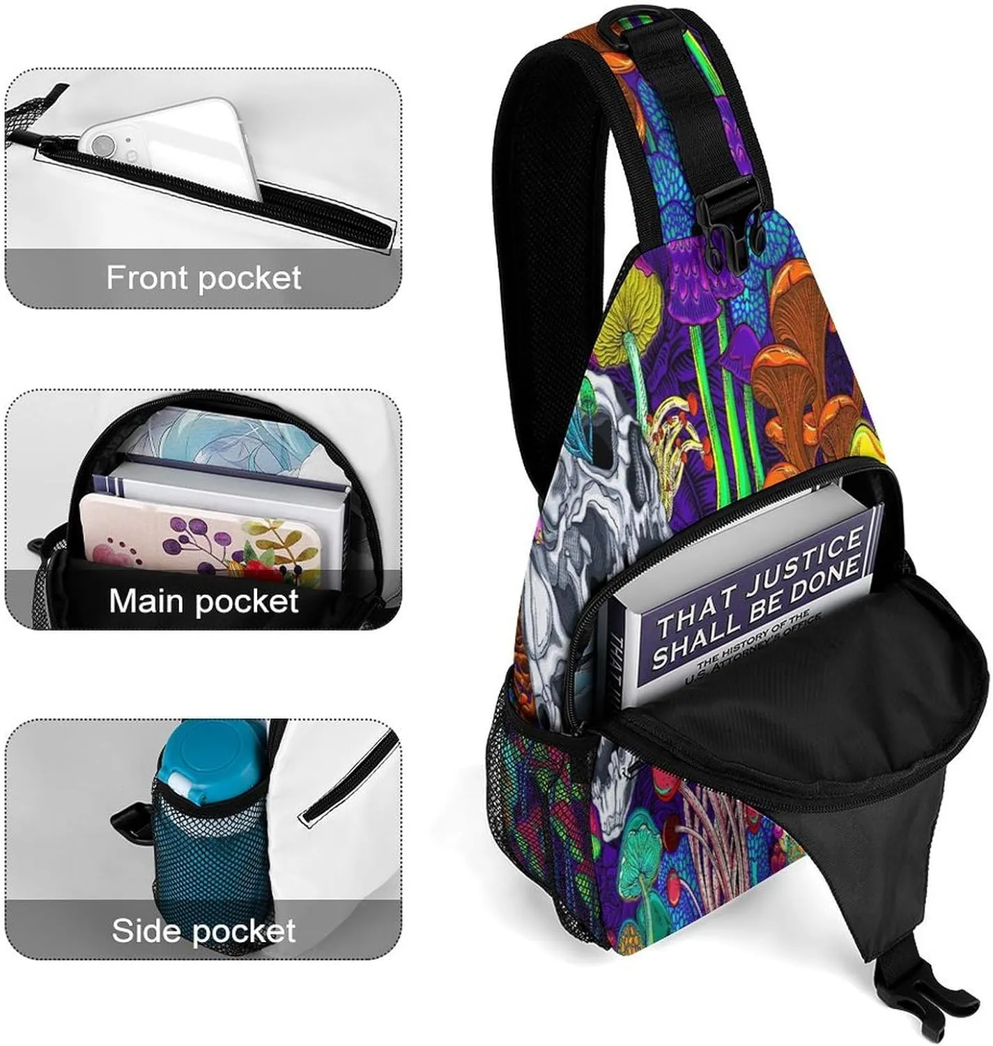 Men & Women Gym Crossbody Sack Satchel Outdoor Hiking Bag, for Hippie Colorful Skull Trippy Neon Magic Mushrooms Sling Bag Backpack Backpacking for Travel Hiking - Small Tool Backpak