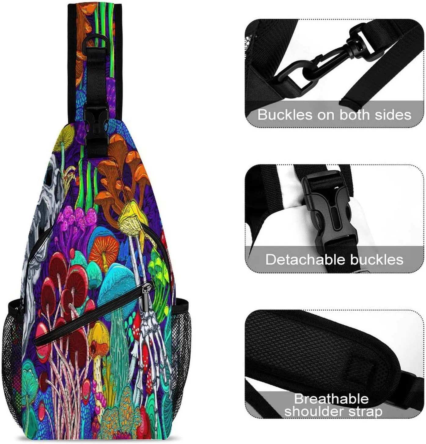 Men & Women Gym Crossbody Sack Satchel Outdoor Hiking Bag, for Hippie Colorful Skull Trippy Neon Magic Mushrooms Sling Bag Backpack Backpacking for Travel Hiking - Small Tool Backpak