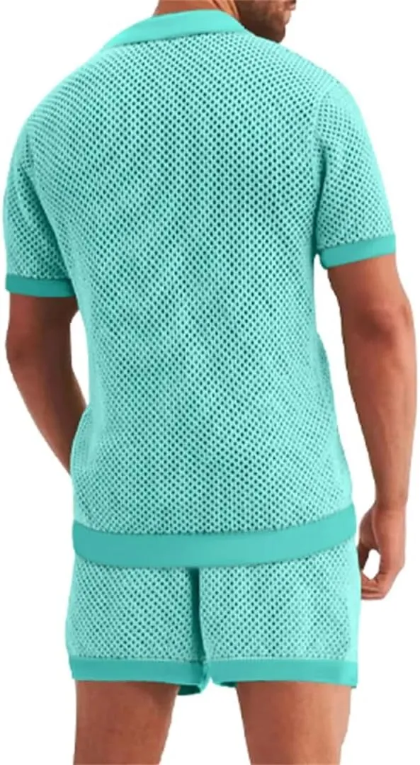 Men Breathable Mesh Shirt with Lapel Collar and Button Details Matching Semi-Transparent Shorts 2-Piece