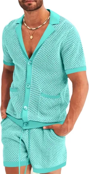 Men Breathable Mesh Shirt with Lapel Collar and Button Details Matching Semi-Transparent Shorts 2-Piece