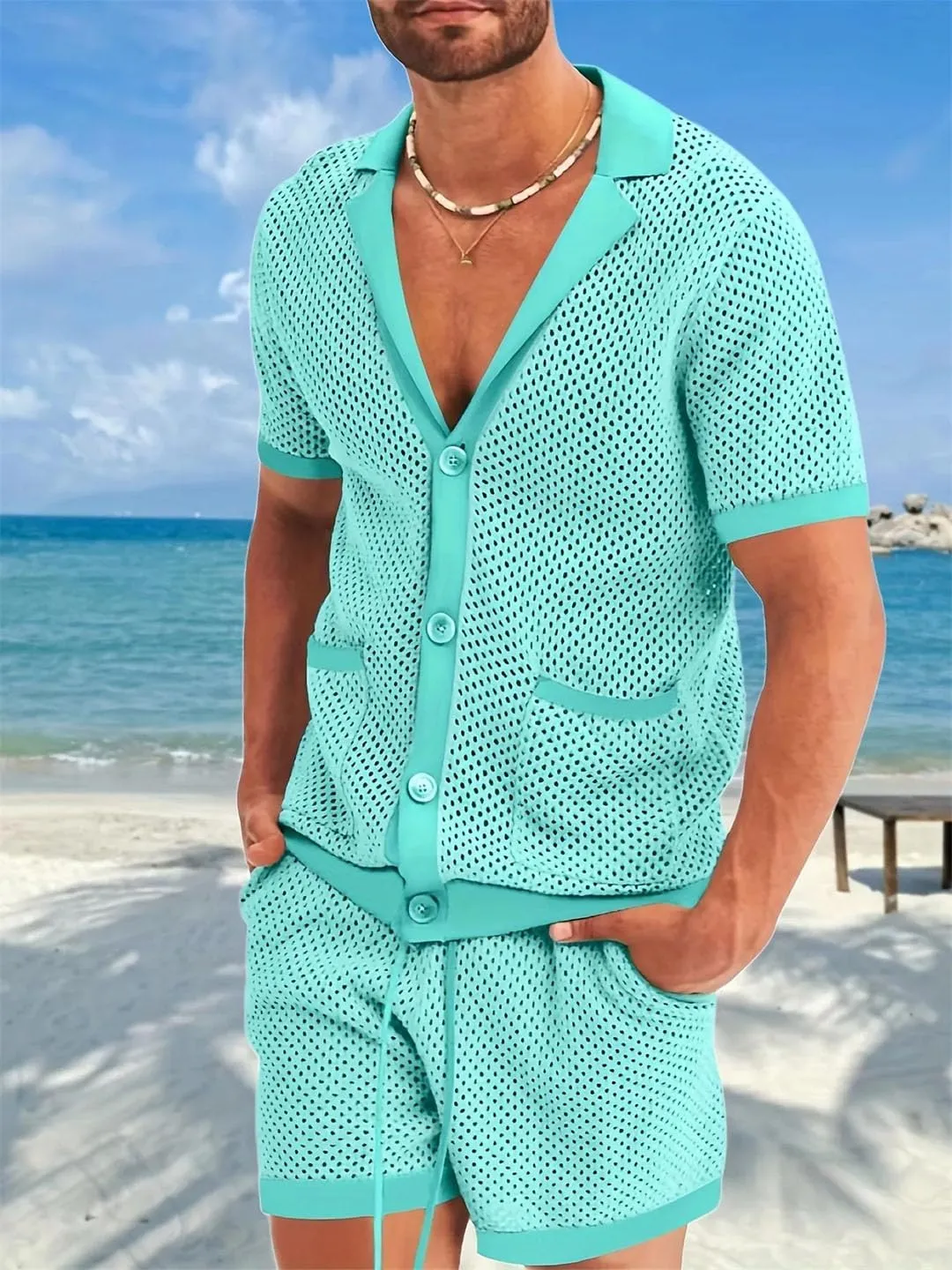 Men Breathable Mesh Shirt with Lapel Collar and Button Details Matching Semi-Transparent Shorts 2-Piece