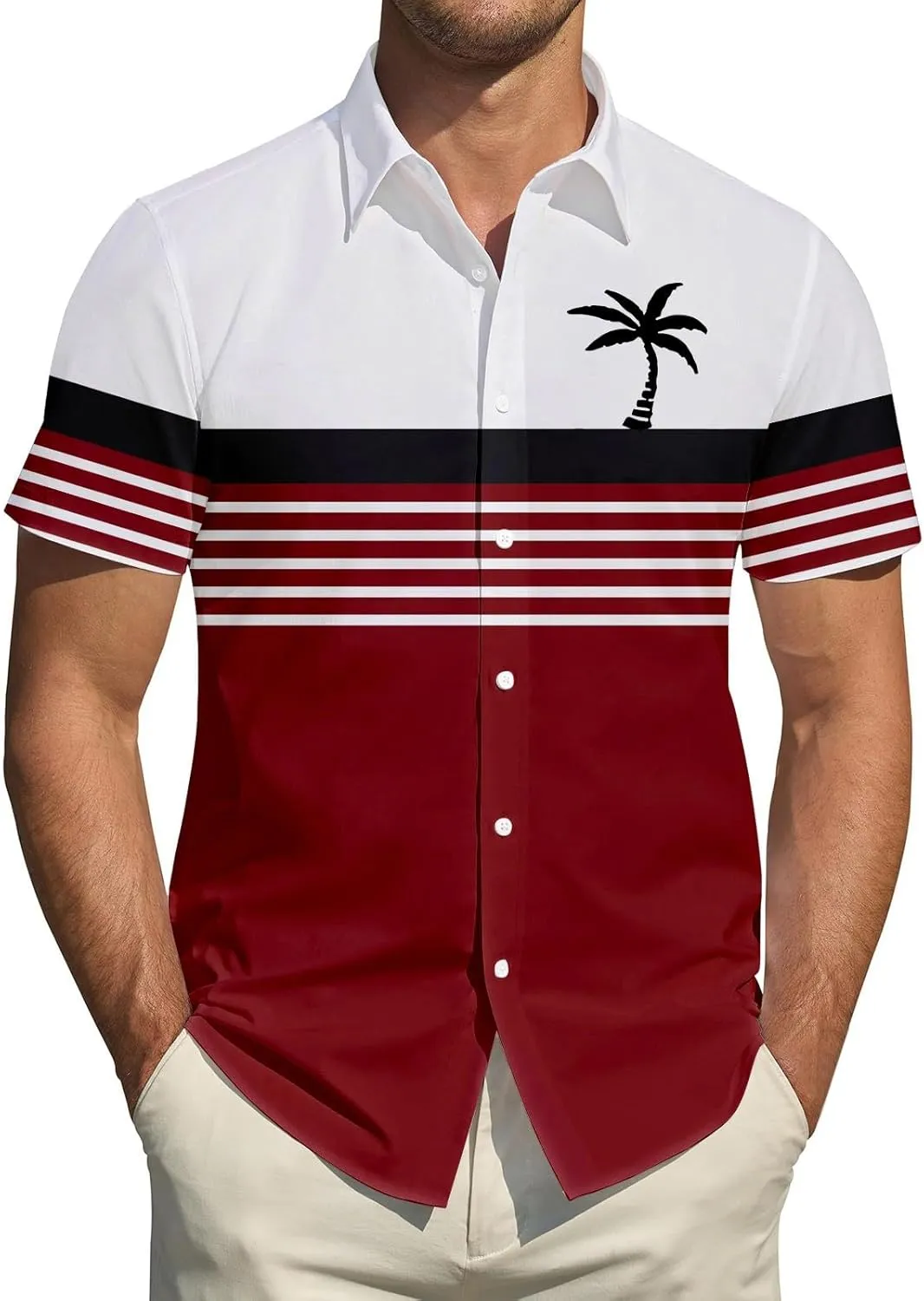 Men Coconut Tree Print Shirt Hawaiian Shirts Short Sleeve Button Down Striped Tops Summer Holiday Beach Tropical Tees