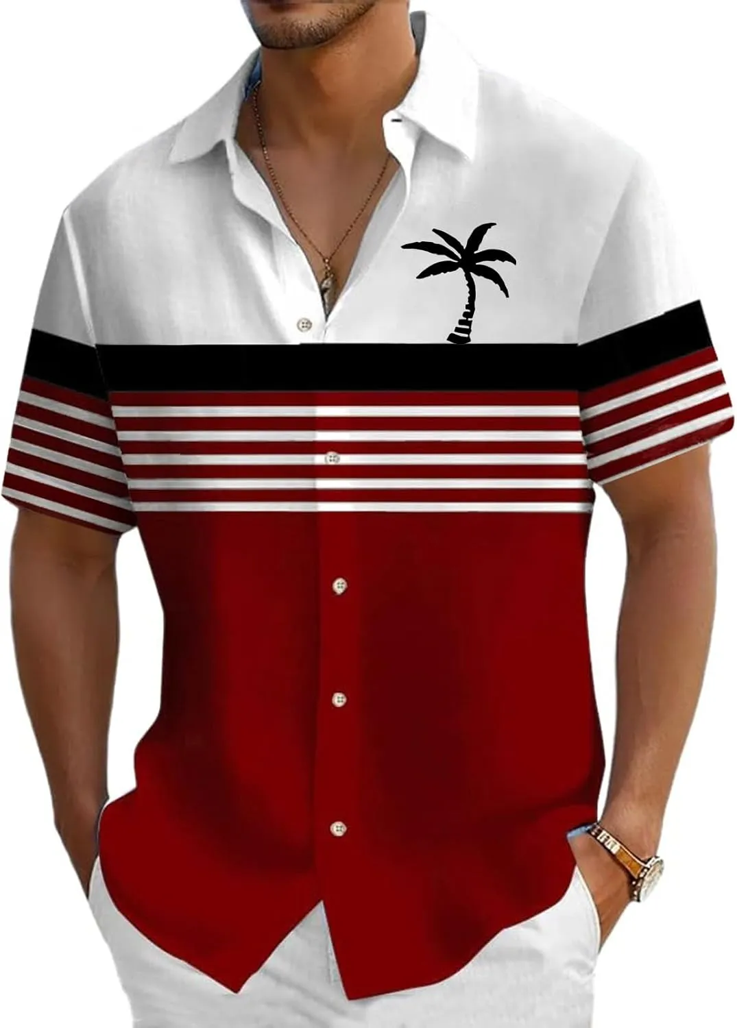 Men Coconut Tree Print Shirt Hawaiian Shirts Short Sleeve Button Down Striped Tops Summer Holiday Beach Tropical Tees