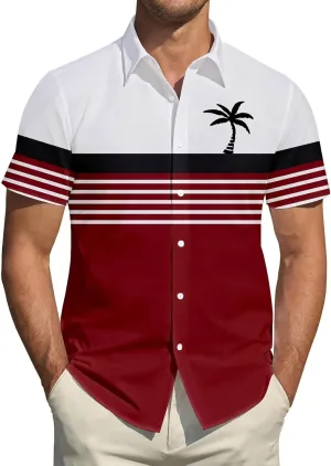Men Coconut Tree Print Shirt Hawaiian Shirts Short Sleeve Button Down Striped Tops Summer Holiday Beach Tropical Tees