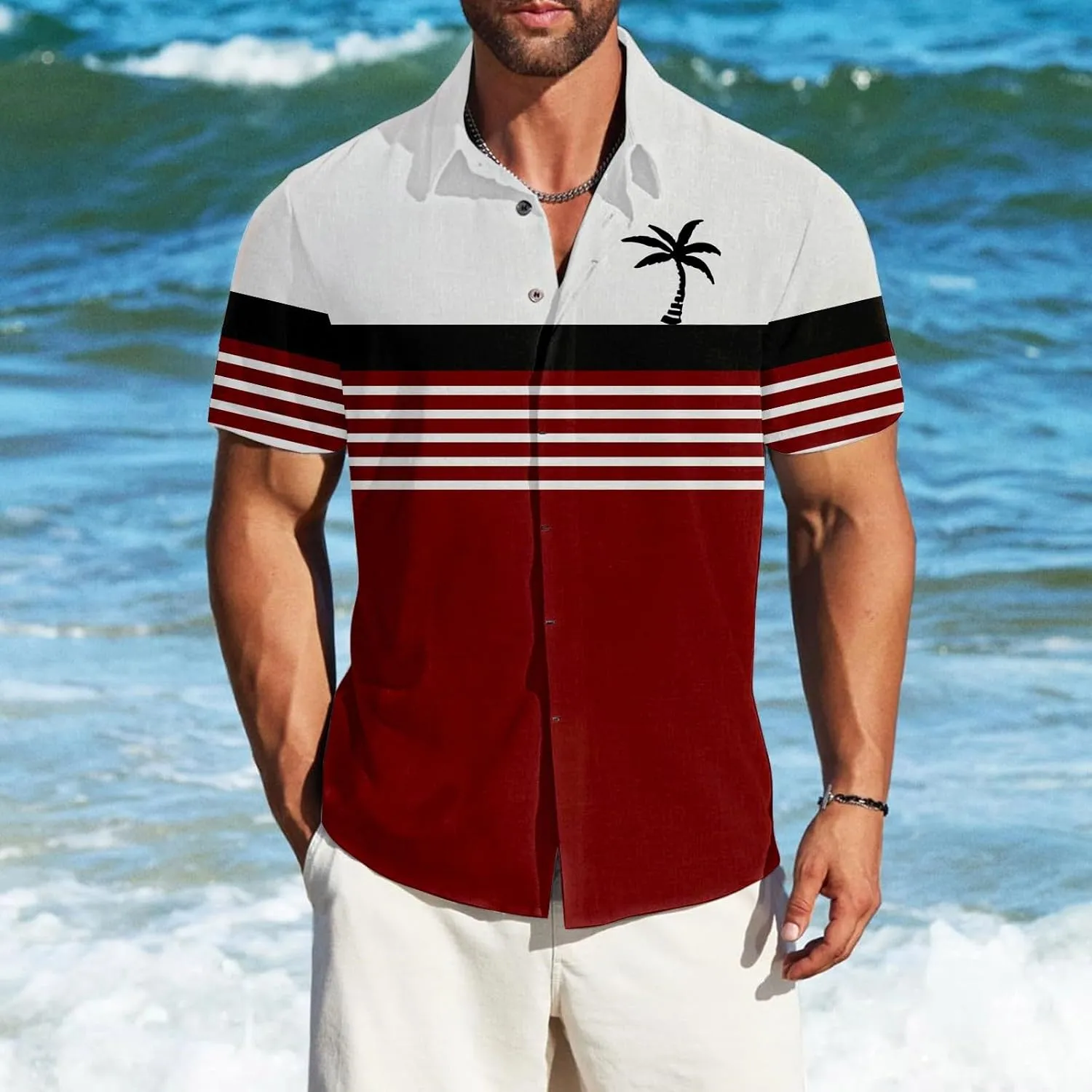 Men Coconut Tree Print Shirt Hawaiian Shirts Short Sleeve Button Down Striped Tops Summer Holiday Beach Tropical Tees