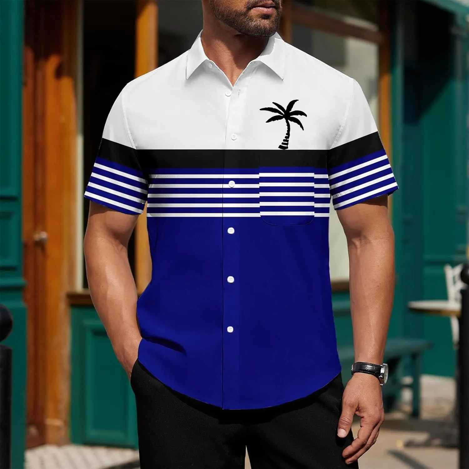 Men Coconut Tree Print Workout Shirt Hawaiian Collar Shirts Short Sleeve Button Down Tops Summer Beach Tropical Tees