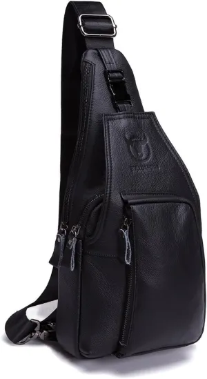 Men Genuine Leather Chest Bag, Crossbody Shoulder Bag Sling Bags Backpack Messenger Bag Daypack For Business Casual Sport Hiking Travel Black