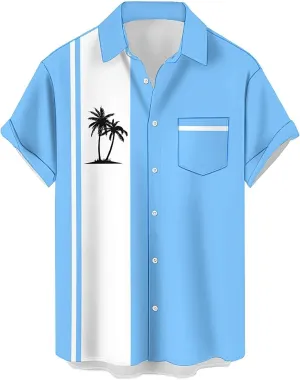 Mens Bowling Shirts, 1950s Hawaiian Vintage Button Down Short Sleeve Shirts Summer Casual Holiday Beach Shirts