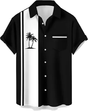 Mens Bowling Shirts, 1950s Hawaiian Vintage Button Down Short Sleeve Shirts Summer Casual Holiday Beach Shirts