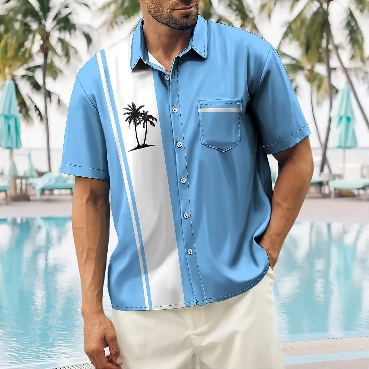 Mens Bowling Shirts, 1950s Hawaiian Vintage Button Down Short Sleeve Shirts Summer Casual Holiday Beach Shirts