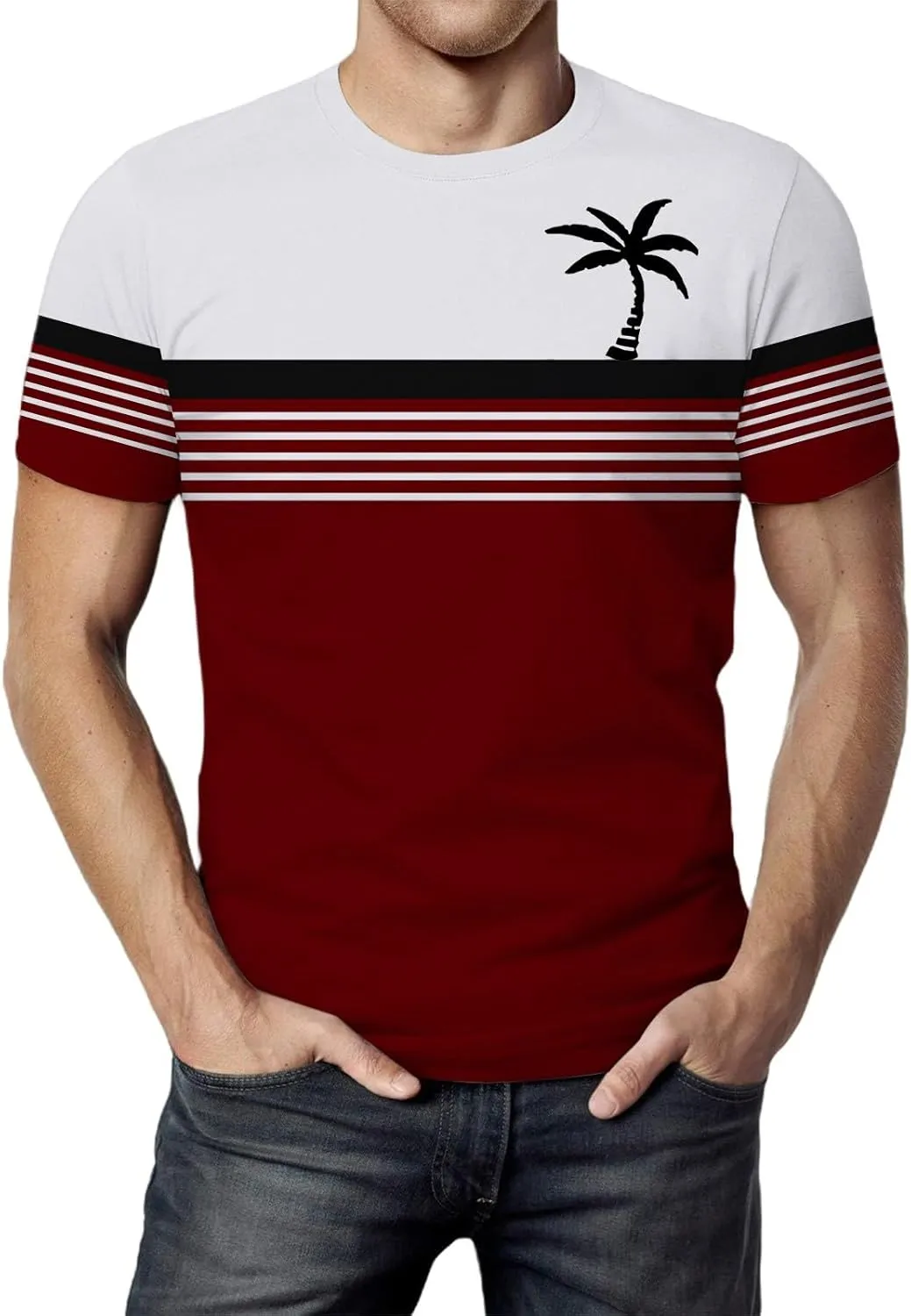 Men's Button Down Short Sleeve Tops Coconut Tree Print Beachwear Striped Shirts Workout Shirt Striped Crew Neck Top