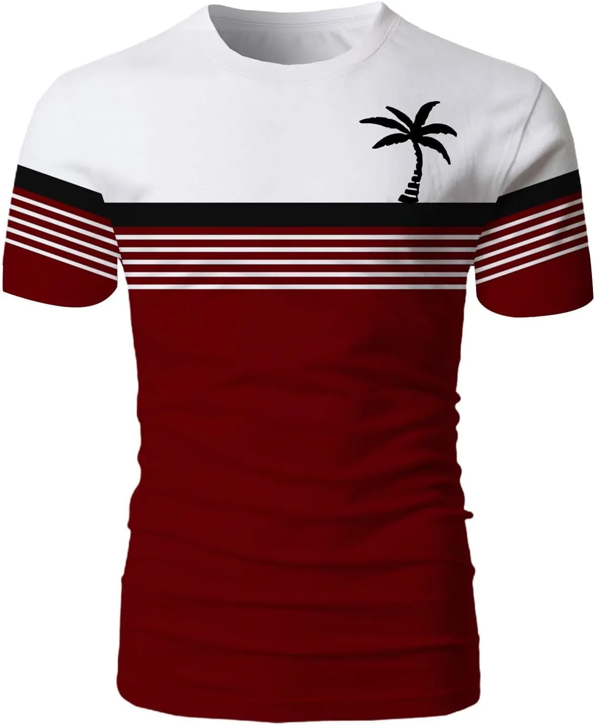 Men's Button Down Short Sleeve Tops Coconut Tree Print Beachwear Striped Shirts Workout Shirt Striped Crew Neck Top