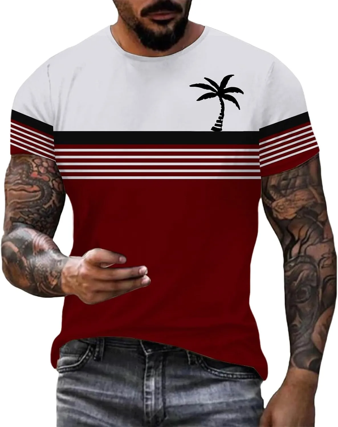 Men's Button Down Short Sleeve Tops Coconut Tree Print Beachwear Striped Shirts Workout Shirt Striped Crew Neck Top
