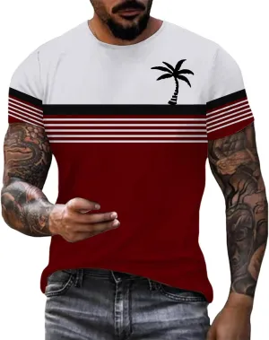 Men's Button Down Short Sleeve Tops Coconut Tree Print Beachwear Striped Shirts Workout Shirt Striped Crew Neck Top