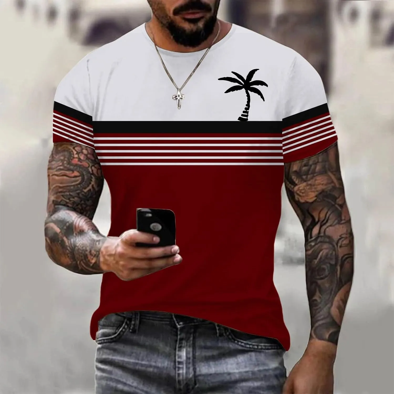 Men's Button Down Short Sleeve Tops Coconut Tree Print Beachwear Striped Shirts Workout Shirt Striped Crew Neck Top