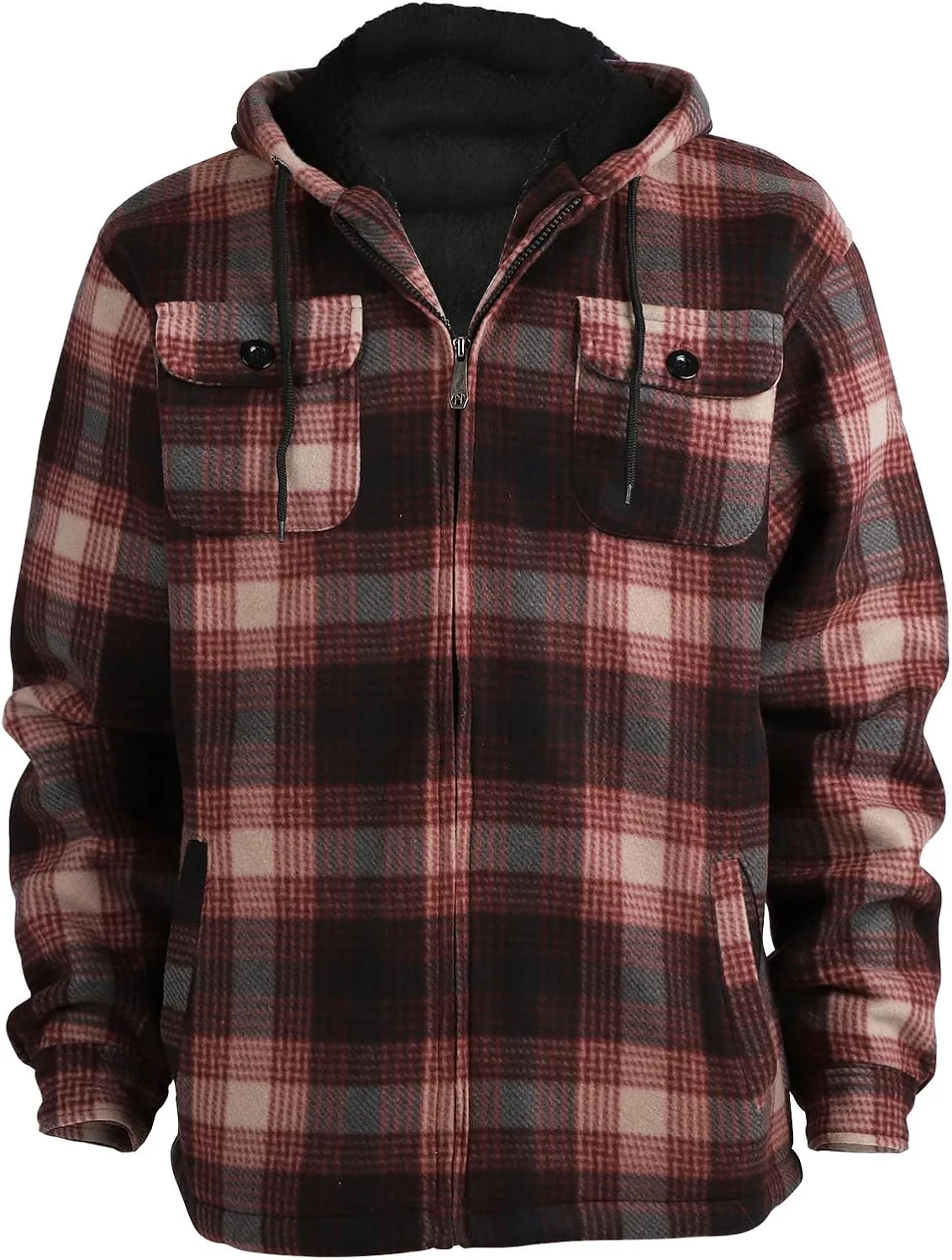 Mens Flannel Jackets Sherpa Lined Fleece Zip Up Winter Warm Workout Plaid Sweatshirt with Hood