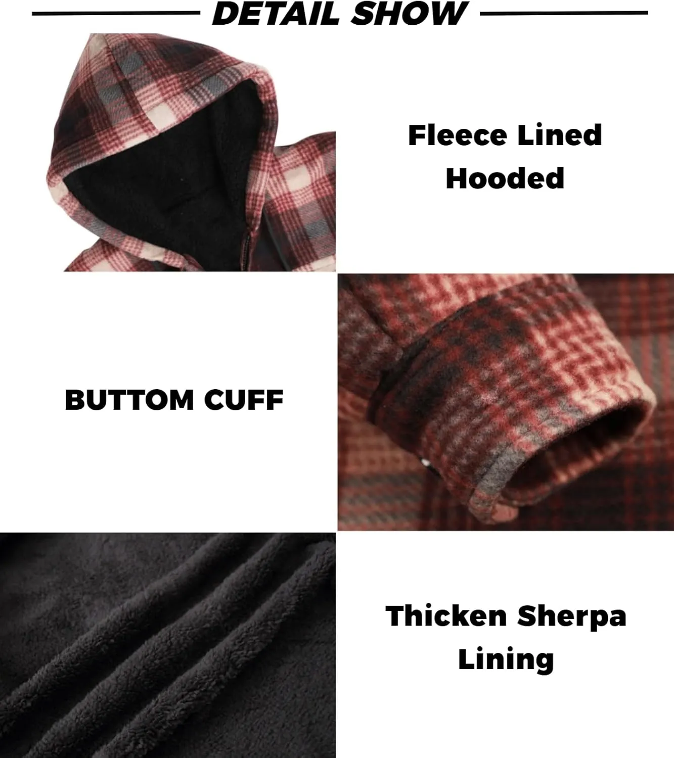 Mens Flannel Jackets Sherpa Lined Fleece Zip Up Winter Warm Workout Plaid Sweatshirt with Hood