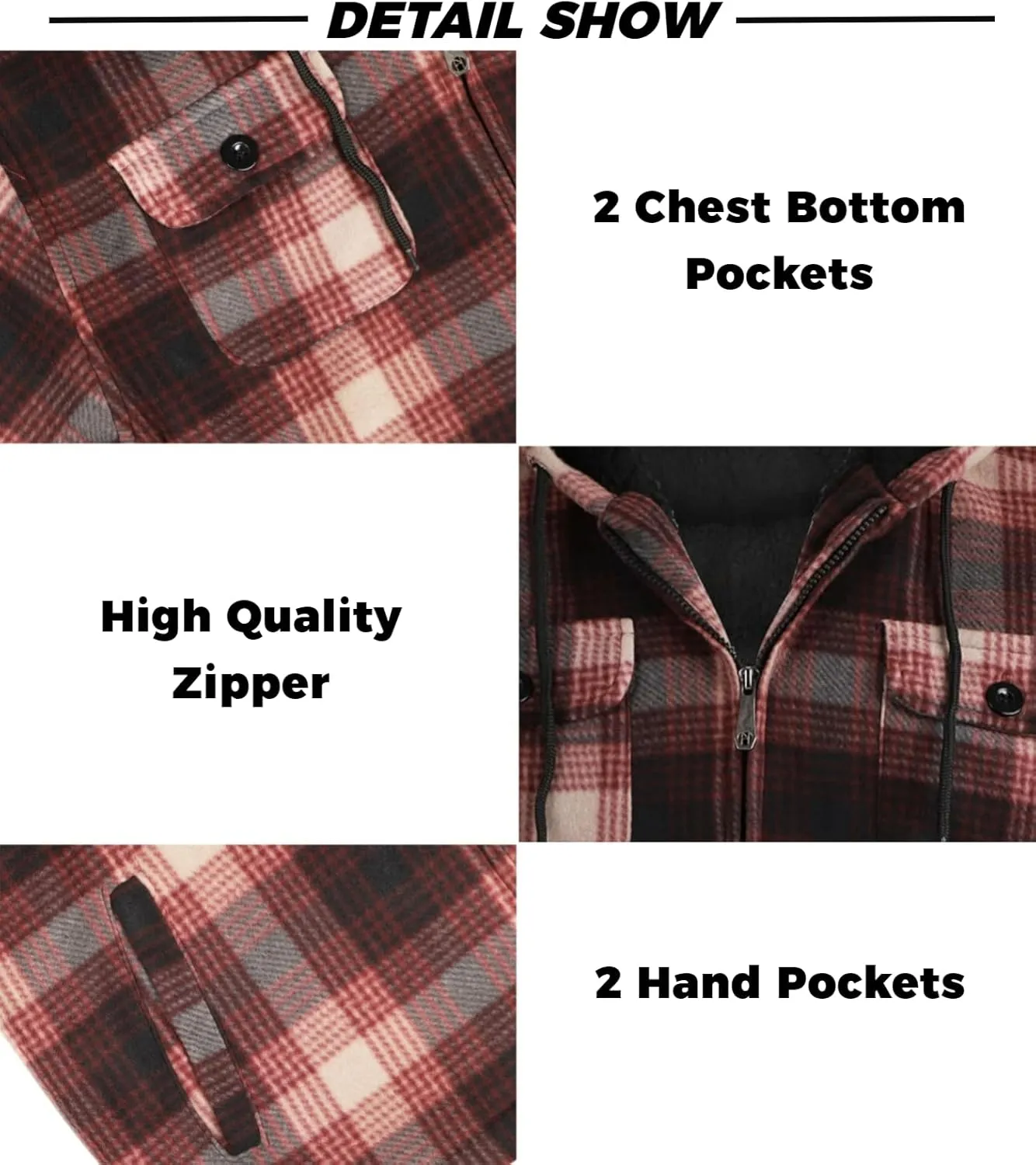Mens Flannel Jackets Sherpa Lined Fleece Zip Up Winter Warm Workout Plaid Sweatshirt with Hood